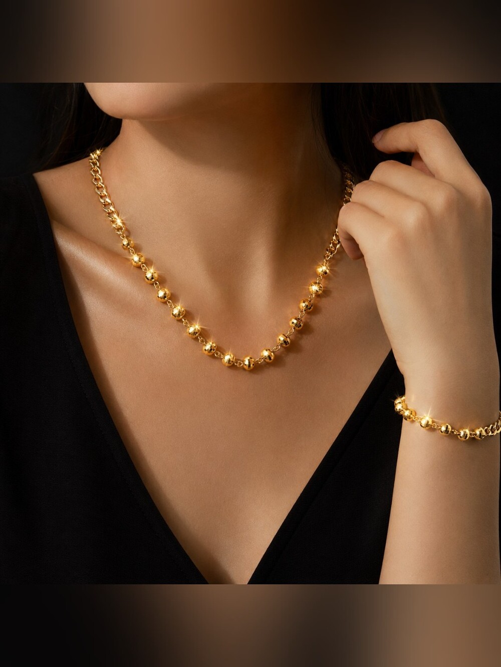 Classic Fashion Designer Gold Beads Jewelry Set 2pc Necklace and Bracelet